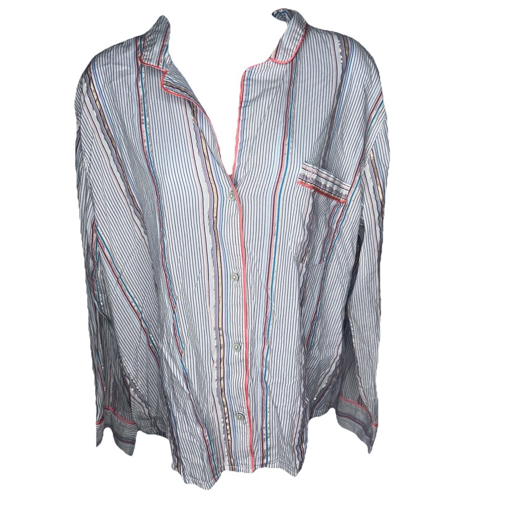 Victoria's Secret Striped Pajama Top Gold Metallic Lurex Button Down Large